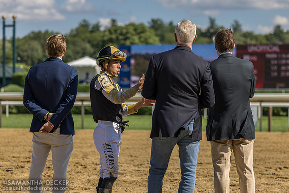 Irad Ortiz talking to Todd Pletcher during the inquiry