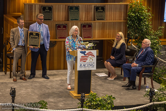 Pat Chapman speaks on behalf of Smarty Jones at the 2025 Hall of Fame Induction Ceremony