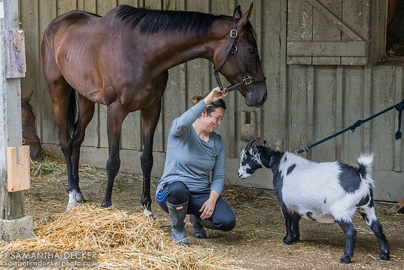 Trainer Adrianne DeVaux with Sky Low Low and Gregory the goat, 2026