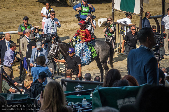 Caravel and Tyler Gaffalione in the winner's circle after winning the Grade I Jaipur Stakes, Belmont Park, Elmont, NY