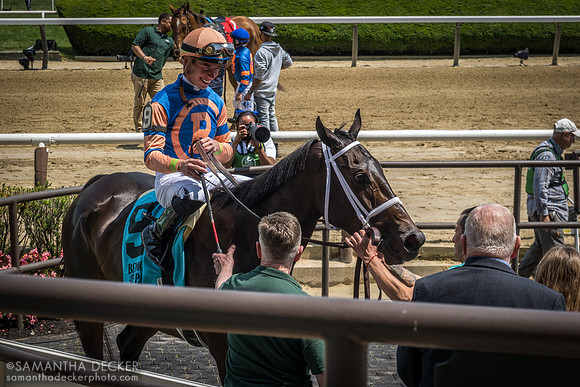 Love to Shop in the winner's circle after breaking her maiden with Tyler Gaffalione onboard, Belmont Park, Elmont, NY