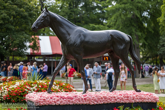 Sea Hero statue with pink carnations