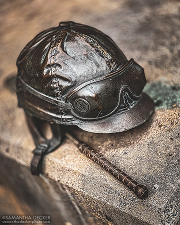 A Jockey Helmet, Goggles, and Whip on Broadway, Saratoga Springs, NY