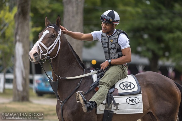 Exercise rider Brace Carmouche gives Cross Border a pet, 2022