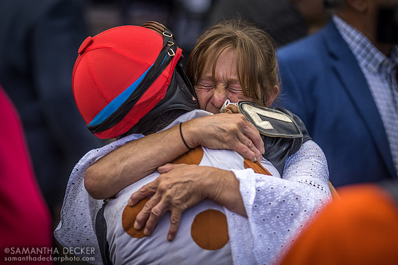 Jacqueline Davis hugs her mother after winning her first race at Saratoga on Vallelujah, 2022