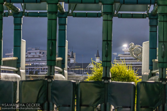 Looking through the Kentucky Derby starting gate to the twin spires at Churchill Downs