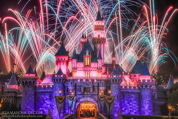Digital Art:  Sleeping Beauty Castle at Dusk, Blended  with IllumiNations Fireworks