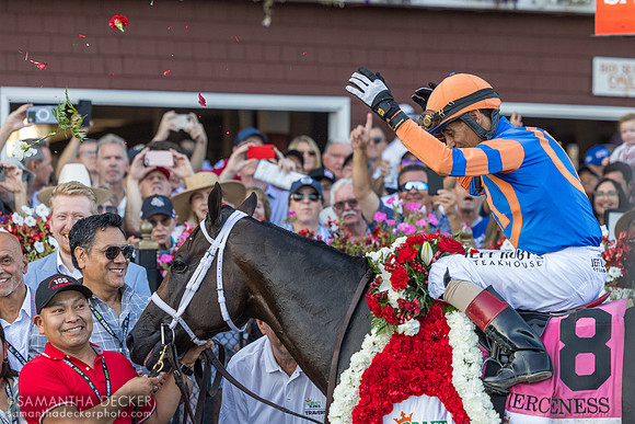 Johnny V celebrates on Fierceness after winning the Travers, 2024