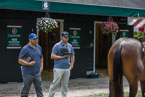 Brad Cox and son Blake look at a yearling