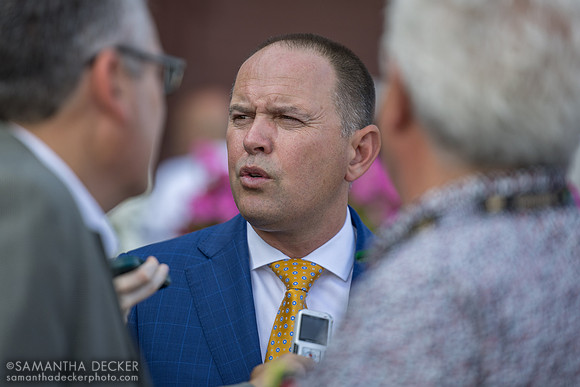 Chad Brown talks to reporters after winning the Diana