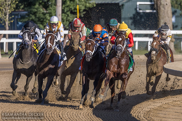 Around the far turn in the Hopeful (winner not visible)